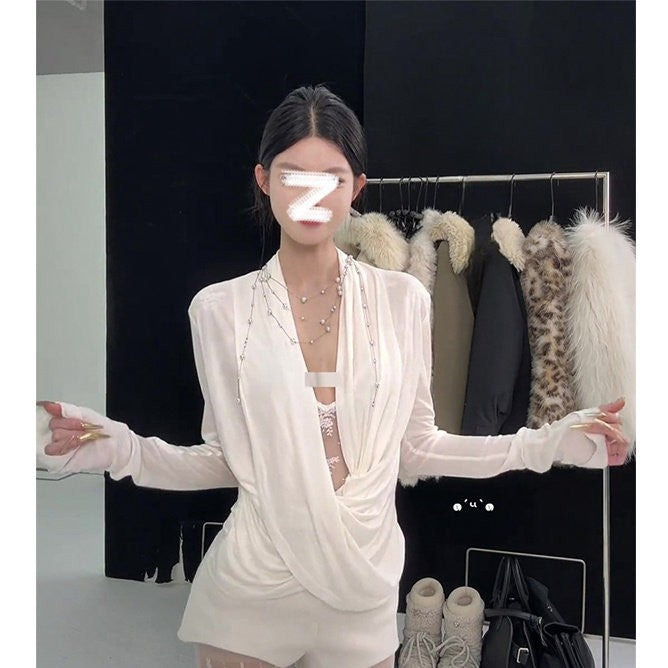 White Faux Two-piece Lace Boat-neck Long-sleeve Top