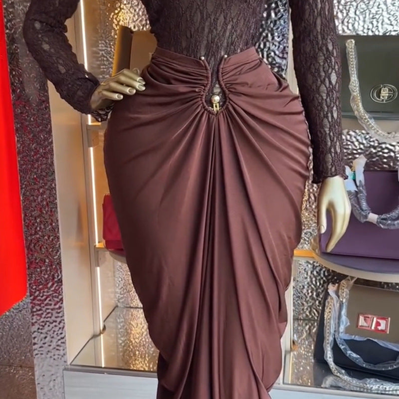 Sweet And Fresh Long-sleeve High-neck Lace Top With A High-waisted Sheath Skirt