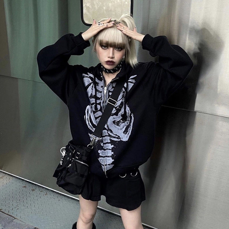 Skeleton Long Sleeve Round Neck Cardigan Printed Loose Sweatshirt
