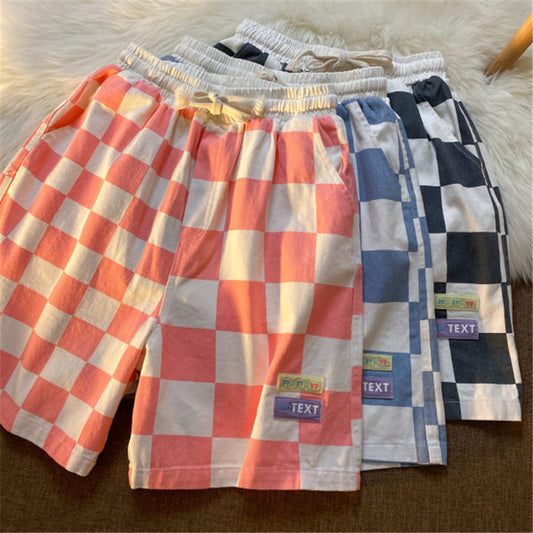Contrasting Plaid Sports Shorts Loose Wide-leg Trendy Wild Straight Five-point Pants