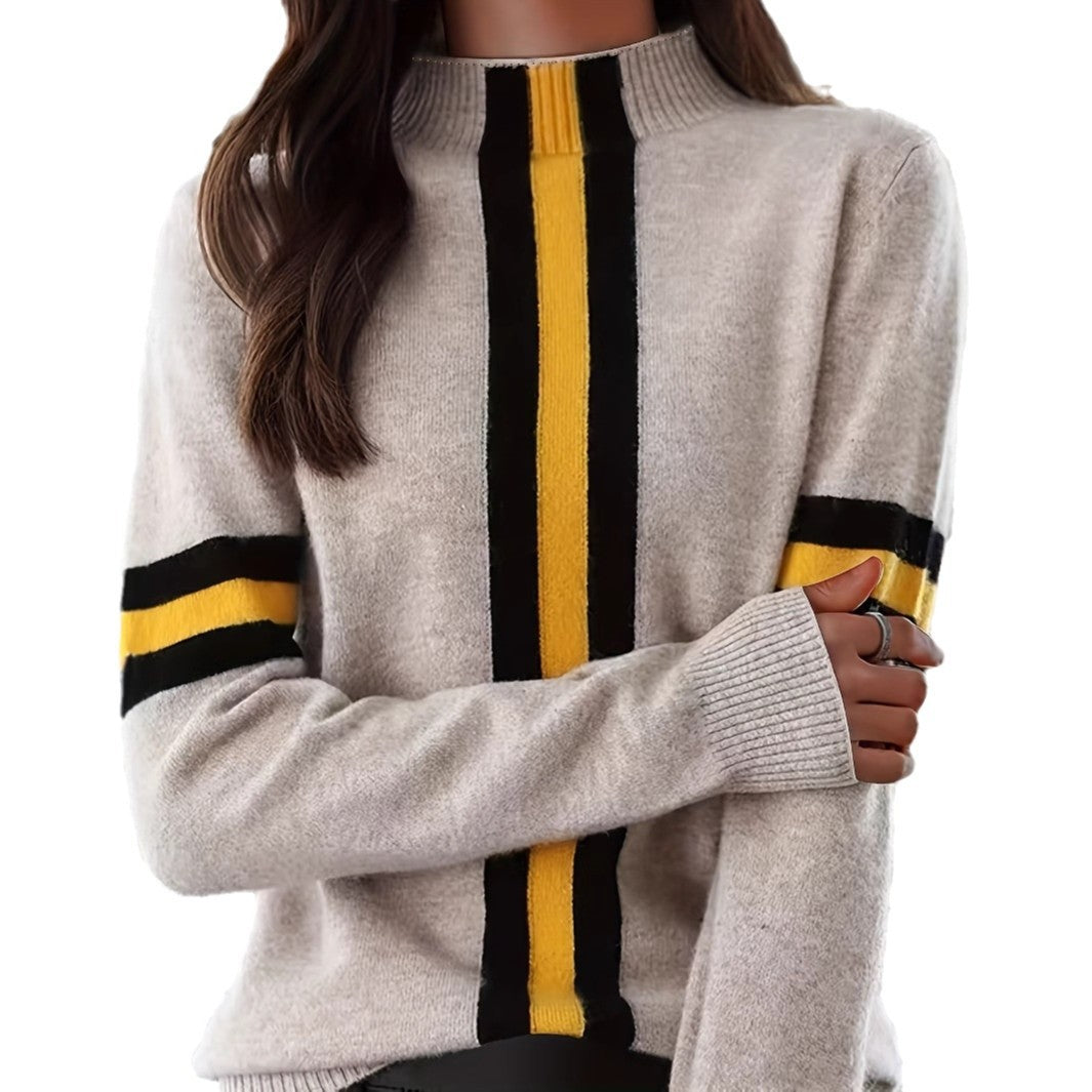 Women's Semi-High Neck Color-Block Elegant Knit Sweater