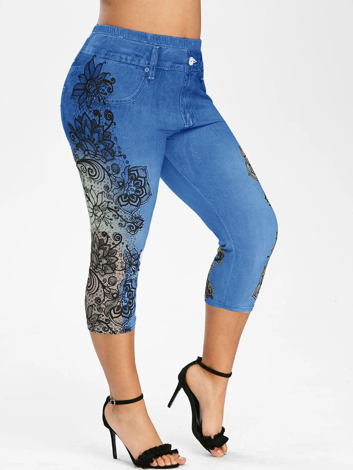 Mid-rise Printed Faux Denim Skinny Cropped Pants