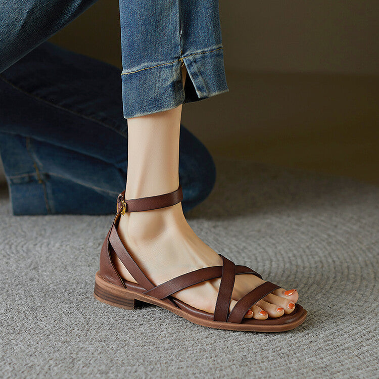 Womens Flat Shoes With A Cross-strap Design And A Single Strap Buckle