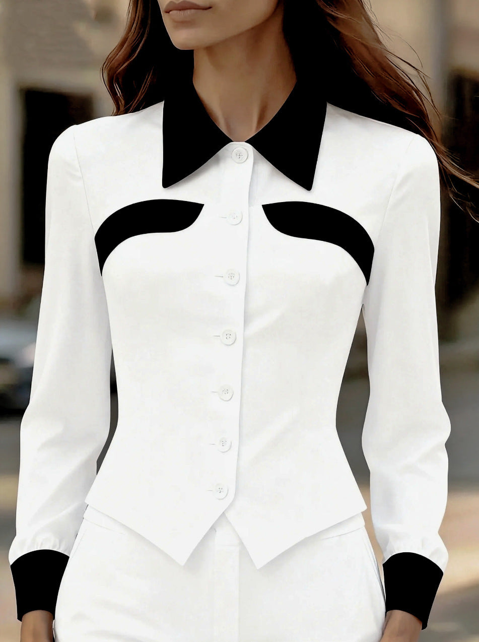 Independent Website Women's Color-block Slim-fit Versatile Slimming Long-sleeved Shirt