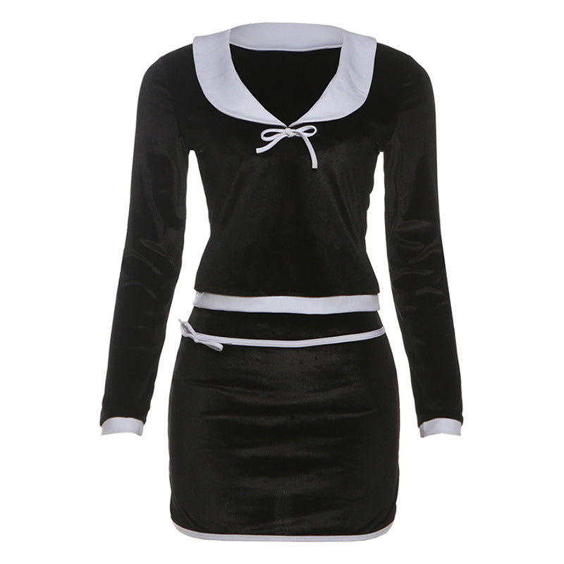 Lapel-Neckline Bow-Knot Soft And Alluring Long-Sleeve Top With A Body-Hugging Mini Skirt Set