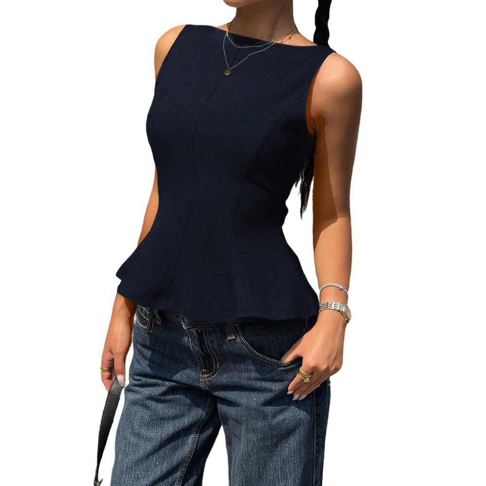 Womens Backless Bow-Tie-Neck Sleeveless Waist-Cinching Top