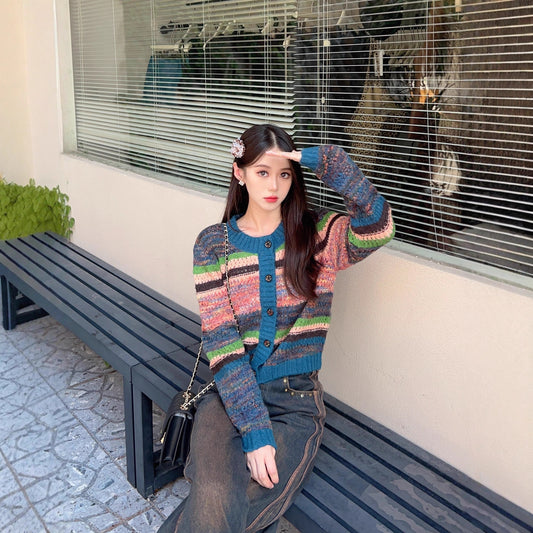 Women's Top Gradient Rainbow Striped Long-sleeve Cardigan Sweater