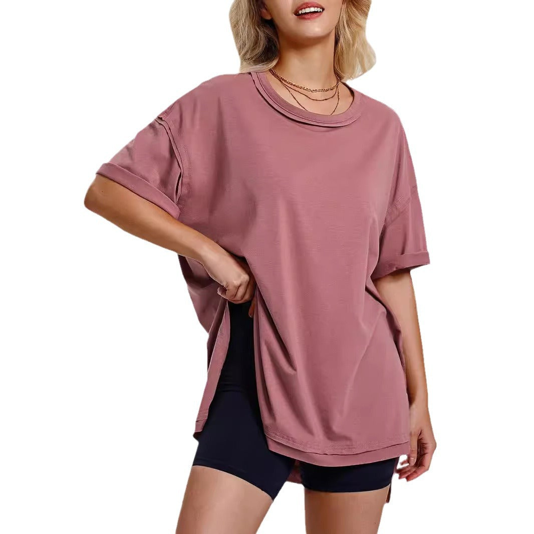 Women's Solid Color Cotton Round Neck Slits On Both Sides Loose T-shirt