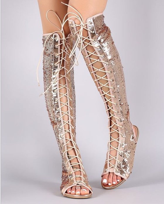 Women's High-top Roman Sandals With Sequins