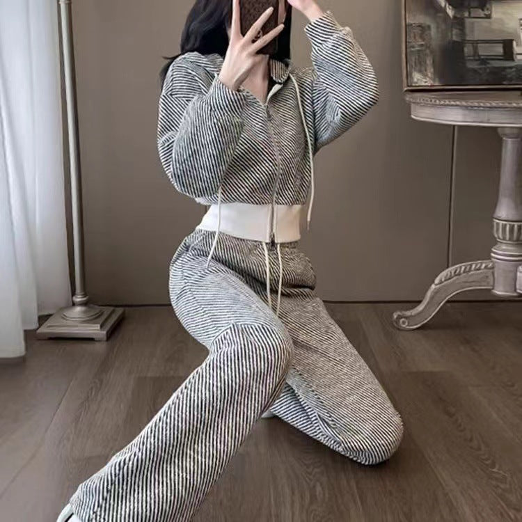 Overseas Temperament Slim Hooded Cardigan Wide-leg Pants Two-piece Set