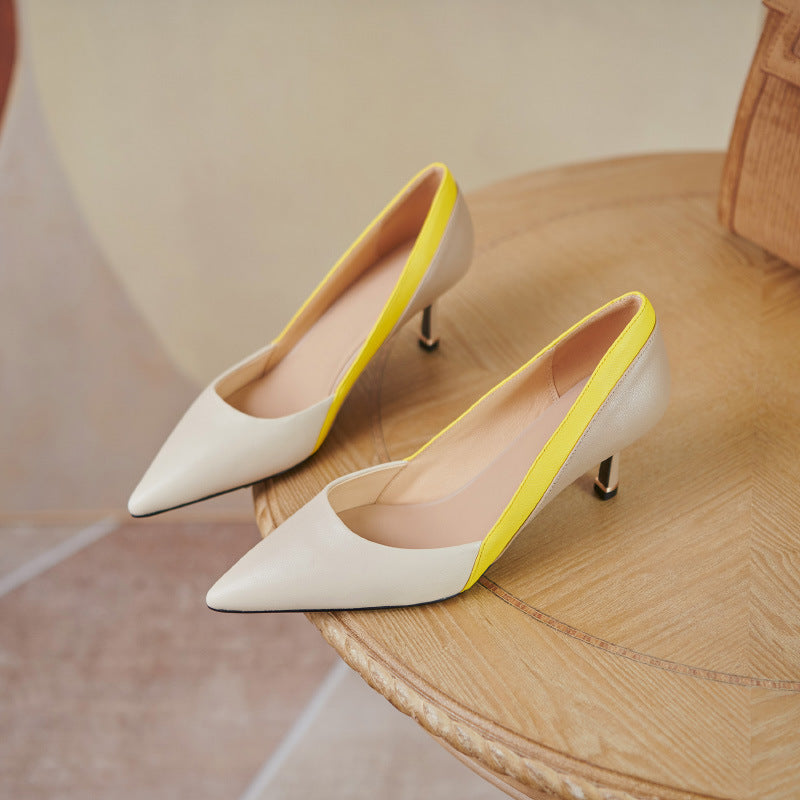 European And American Pointed High Heel Sandals Color-blocking Stiletto Heel Women's Shoes Inside And Outside Leather Commute Style Party Shoes