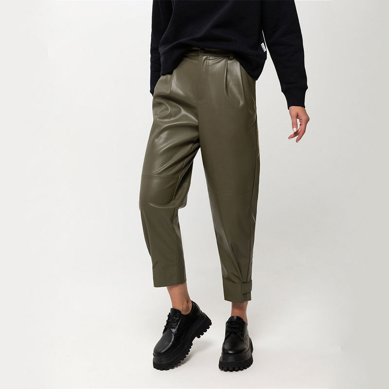 Fashion High-waist Slim-fit PU Leather Cropped Trousers