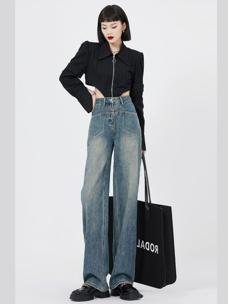 Retro-damedenimbukser med vidde og slidt look