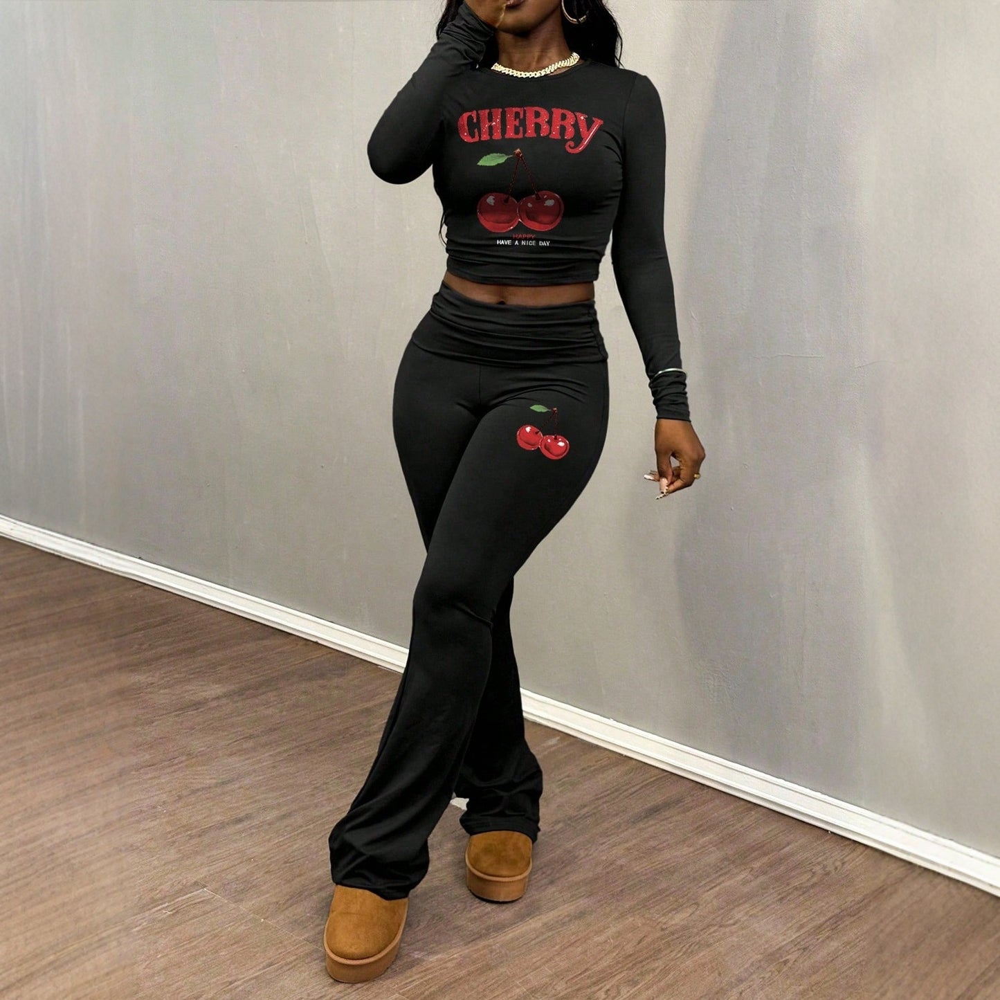 Sporty Retro Printed Stretchy Minimalist Long Sleeve Top And Pants Set For Women