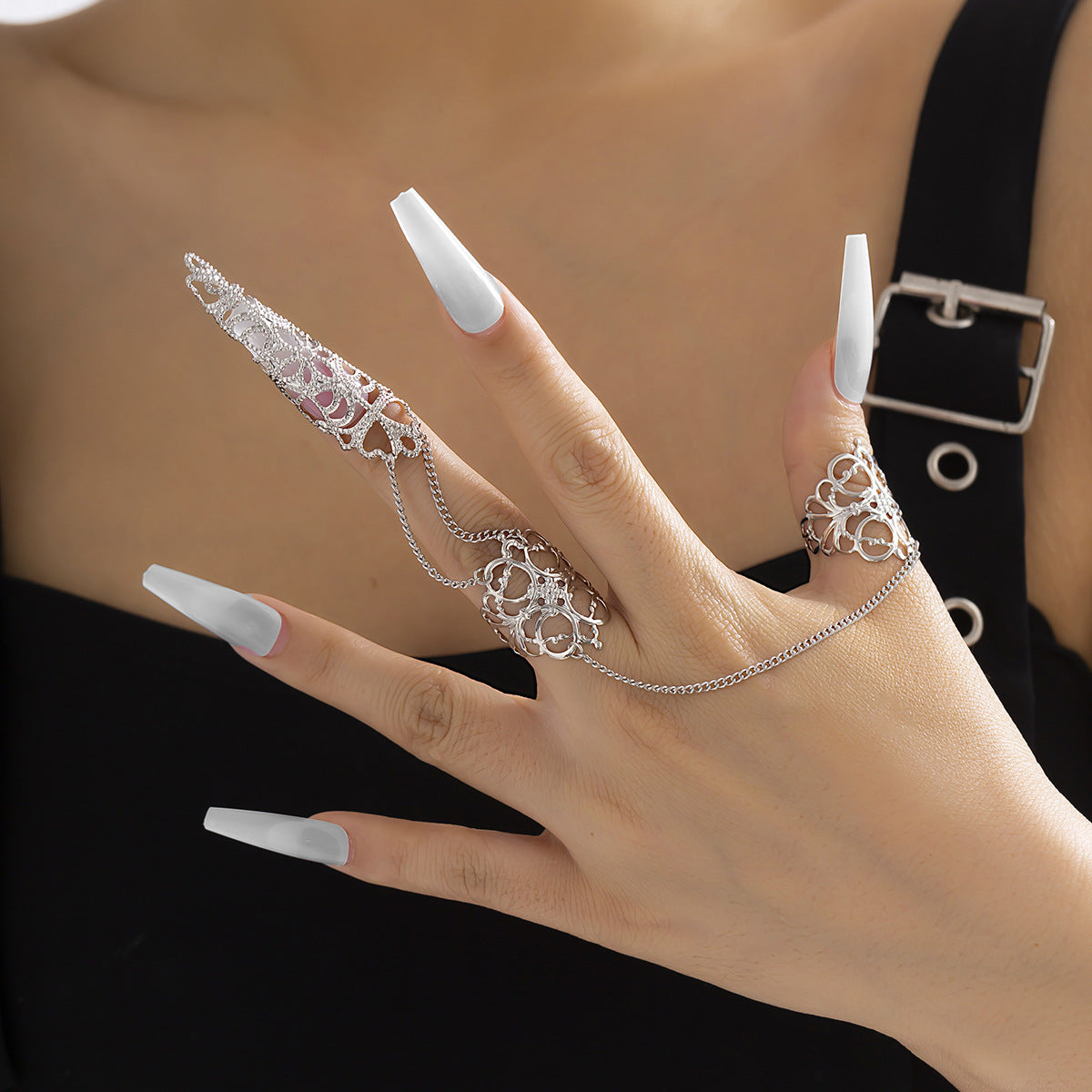 Ornament Gothic Style Hollow Tapered Fingernail Cap Ring Niche Metal Tassel Ring