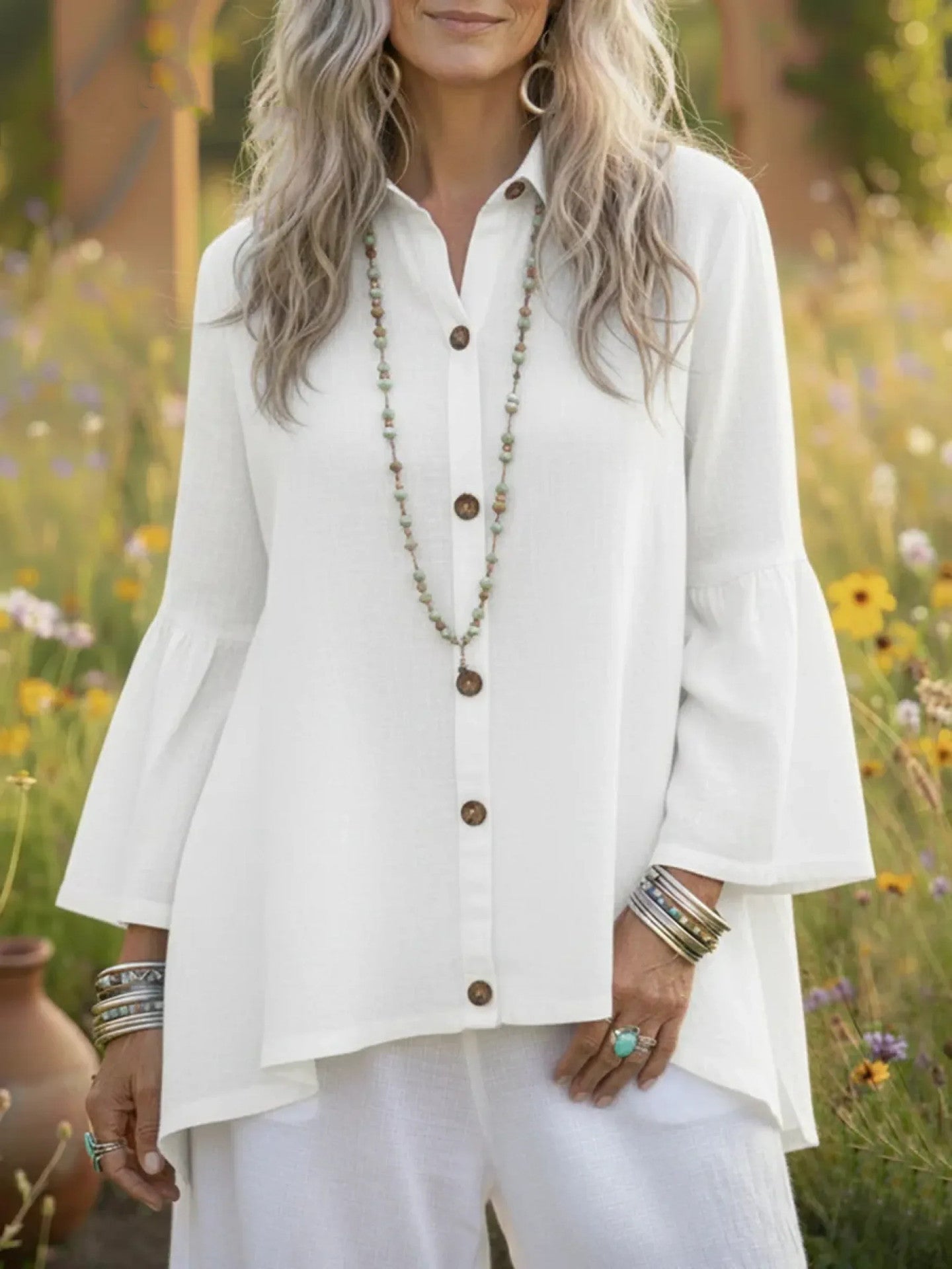 Women's Loose Solid-color Cotton-Linen Flare-sleeve Shirt