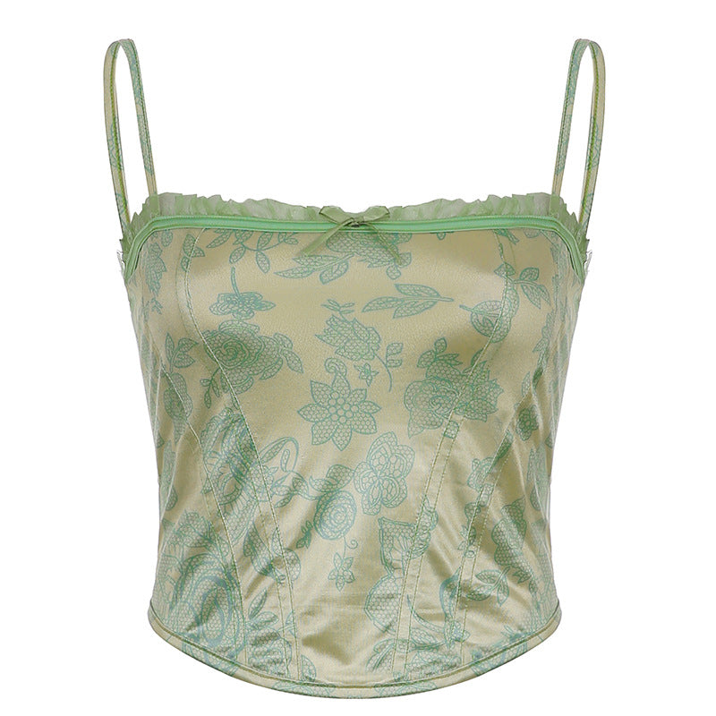 Slim Fit Lace Trim Top Print Off Shoulder Suspender