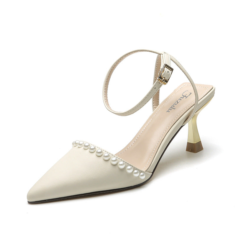 Women's Summer New Sweet Style Pearl Pointed Fashion French High Heels