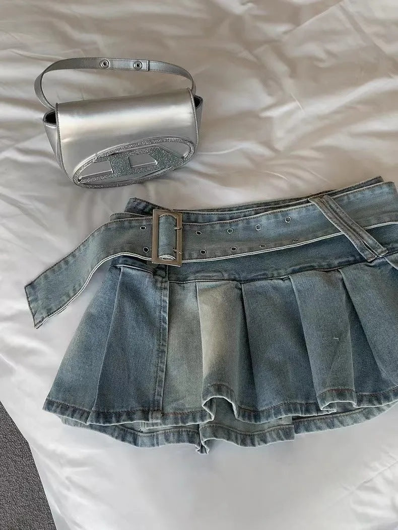 High Waist Slimming Denim Pleated Skirt