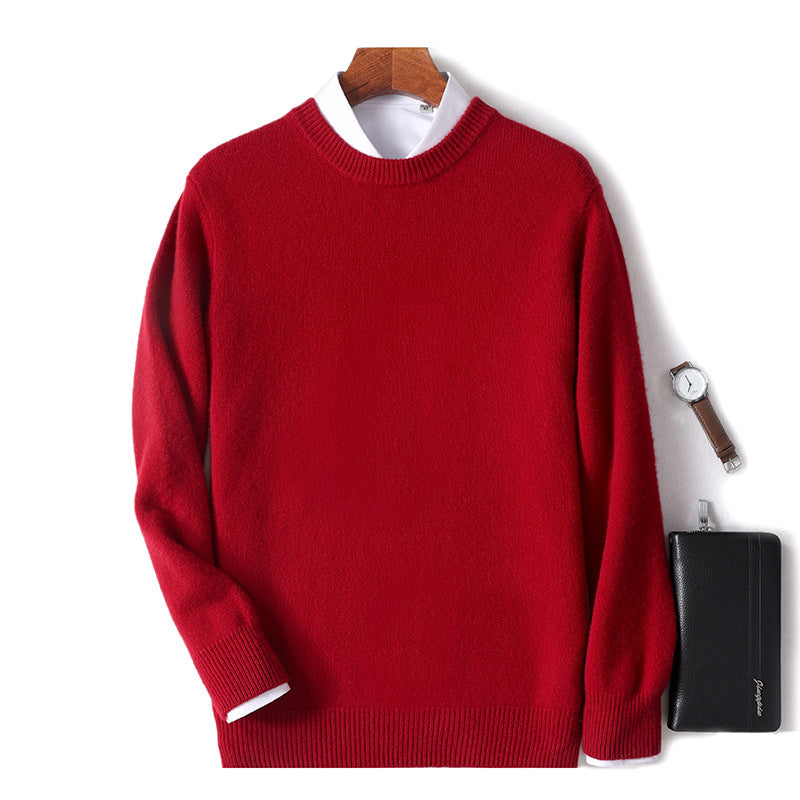 Mænds tykke pullover fåreuldssweater løs rundhals ensfarvet sweater