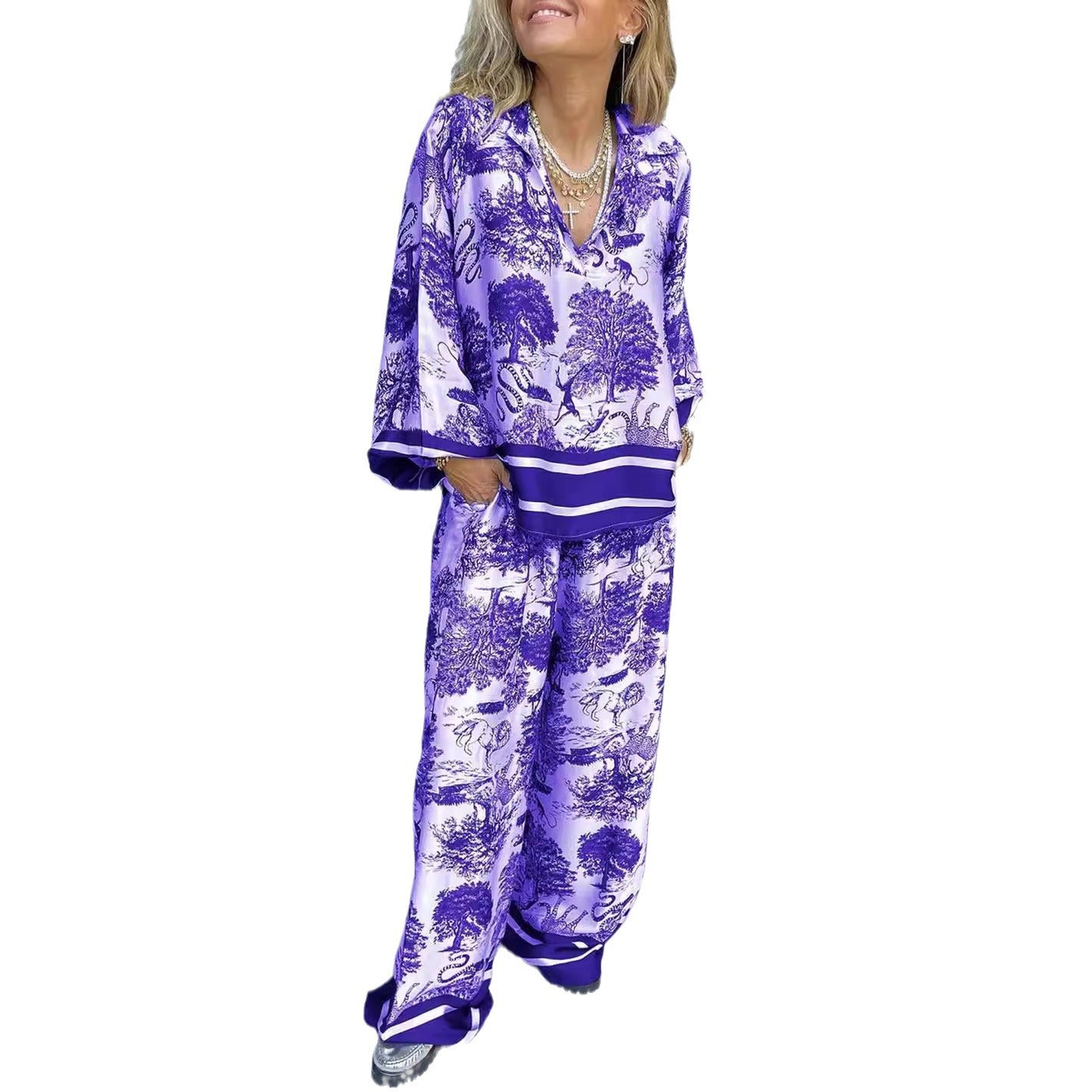Expert V-neck Printed Long Sleeve Pocket Casual Women's Suit