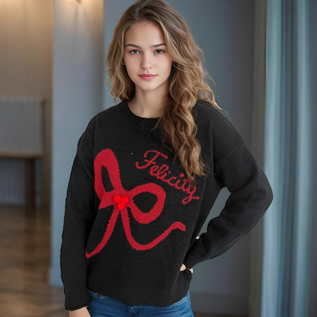 Autumn New Contrast Color Women's Sweater Round Neck