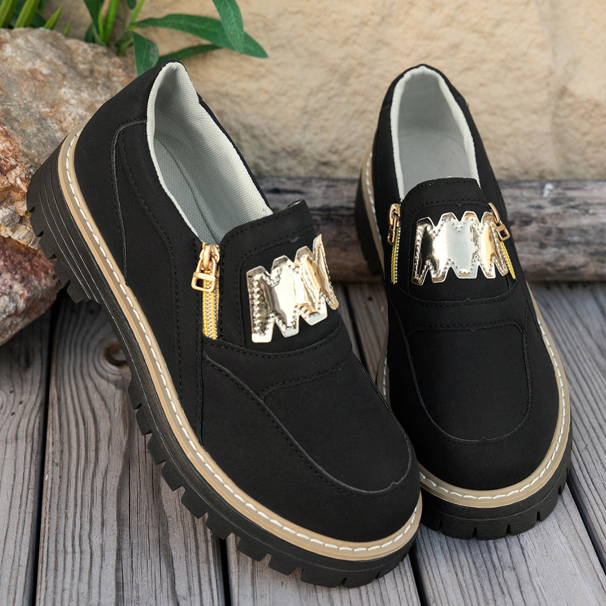 Womens Plus-Size Loafers With Side Zipper And Chunky Platform Sole