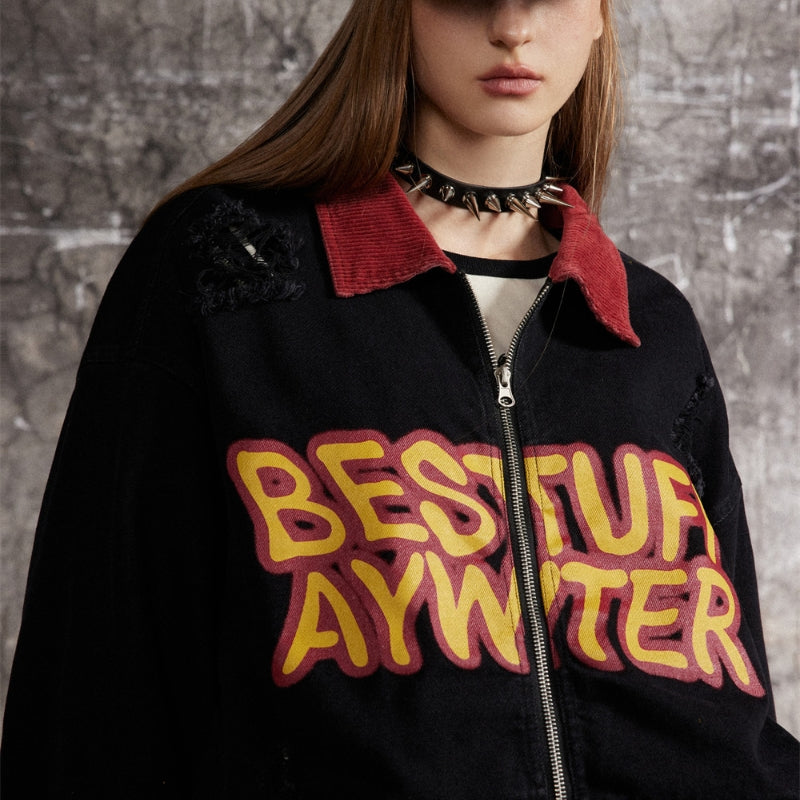 Color Matching Letters Polo Collar Jacket Men's Trendy Punk