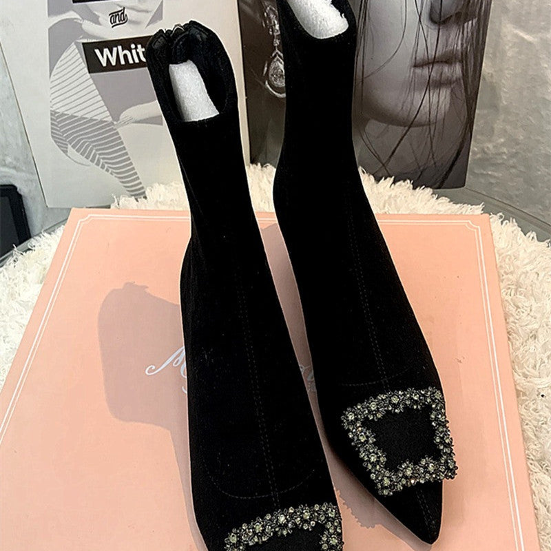 Rhine-drill Pointed High Heels Square Buckle Elastic Boots Large Size Ankle Boots Low Heel