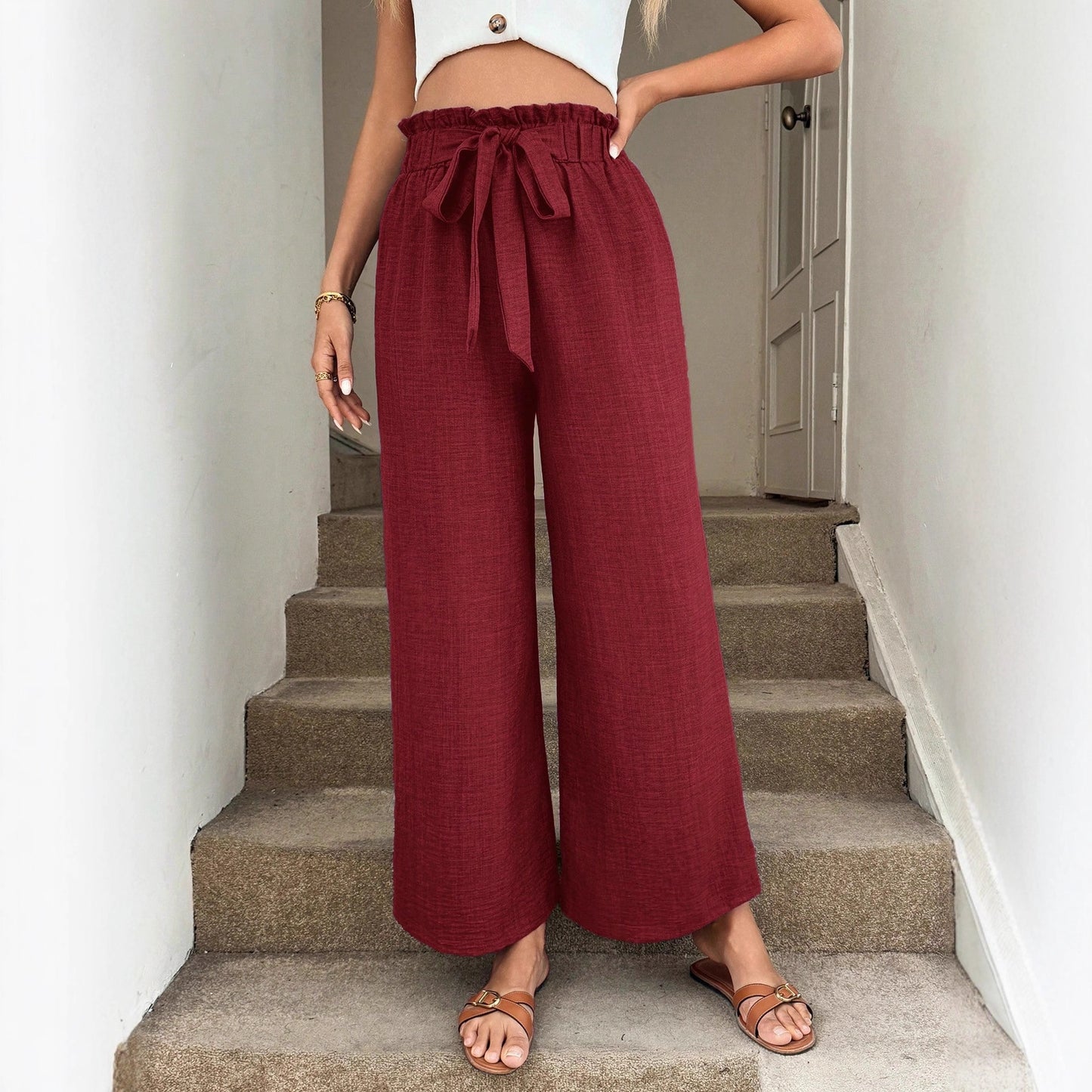 Bow-tie Waistband Casual Resort Flowy Pants