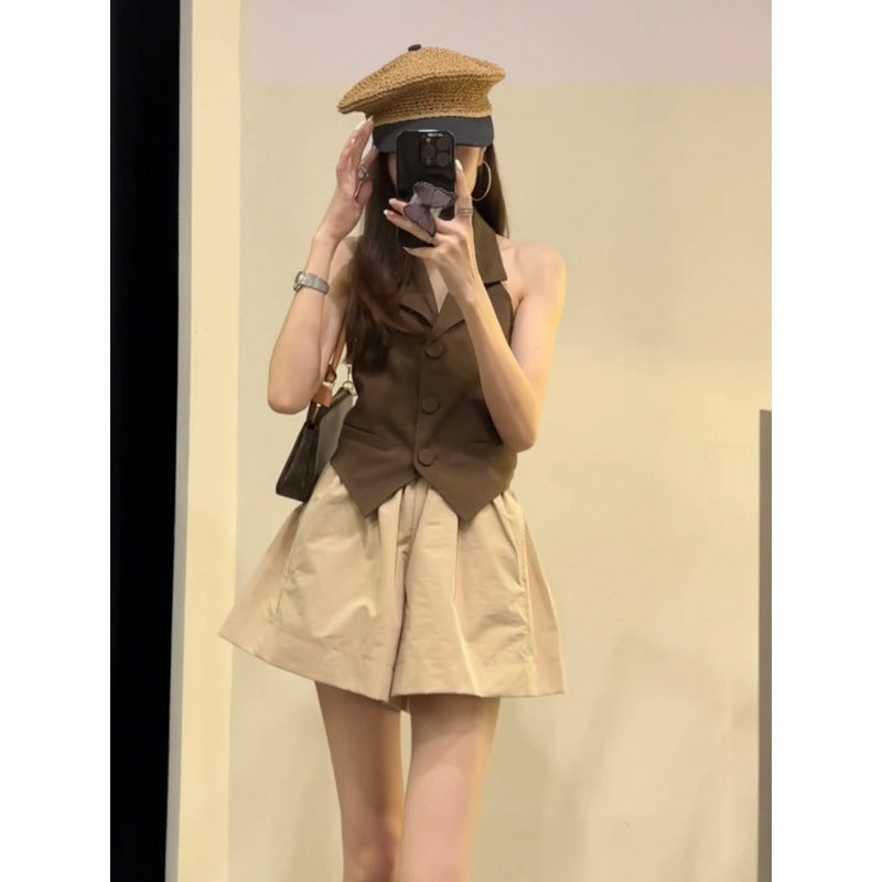 Two-piece Set Blazer-collar Vest Paired With Versatile Casual Wide-leg Shorts