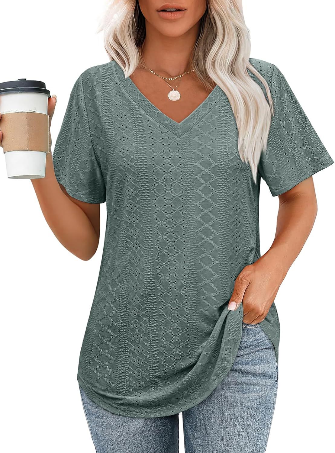 Hollow-out Airy Casual V-Neck Short Sleeve