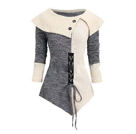 Womens Long-Sleeve Top With Lace-Up Details And Asymmetrical Hem