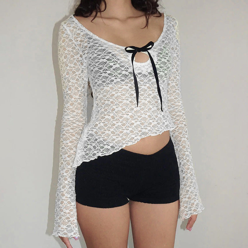 Womens Lace Bow-Knot Crew-Neck Long-Sleeve T-Shirt