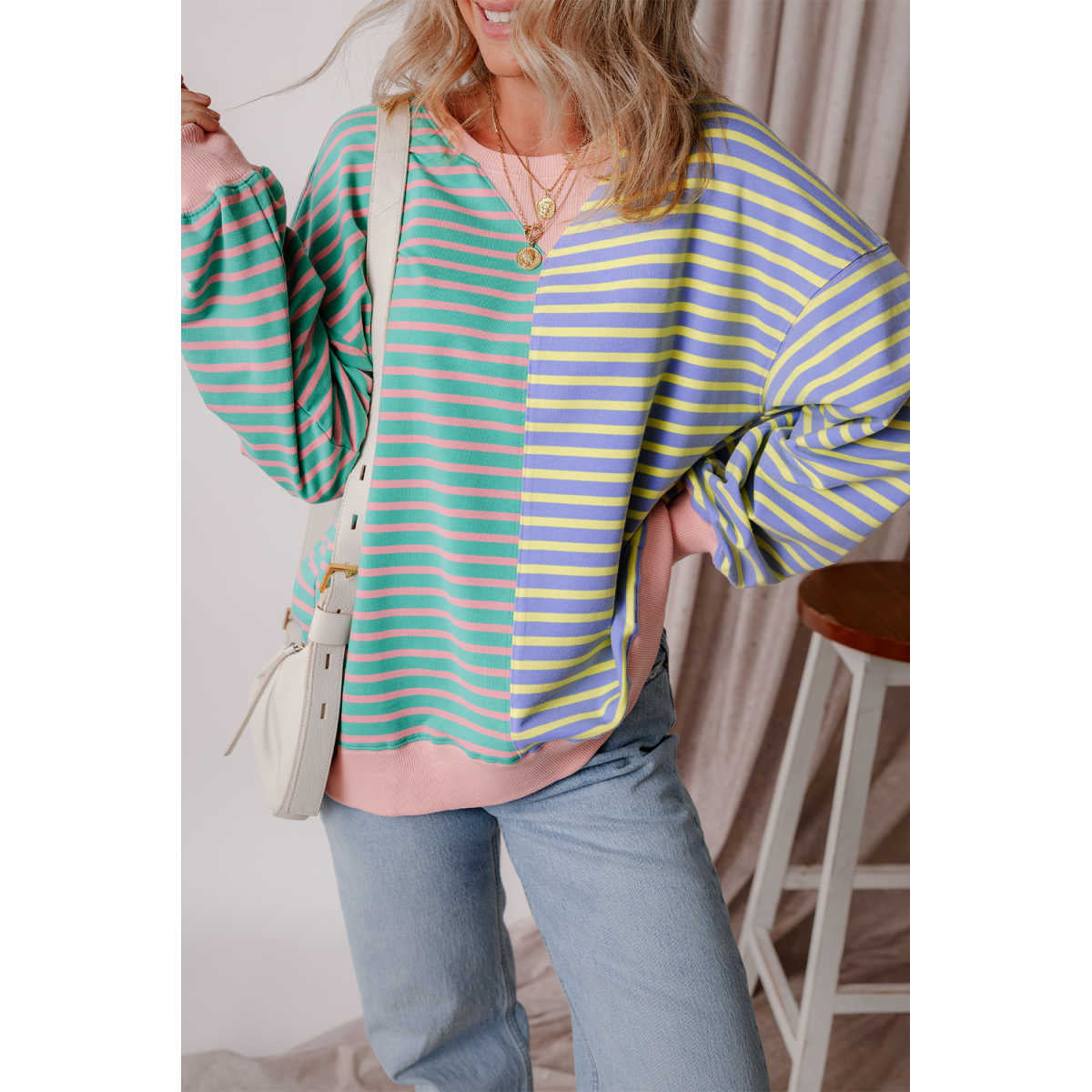Women's Colorful Striped Round Neck Loose Sweatshirt