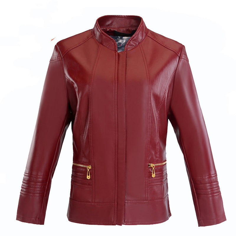 Middle-aged And Elderly Women's Leather Jacket Short Stand Collar Zipper Slim Fit