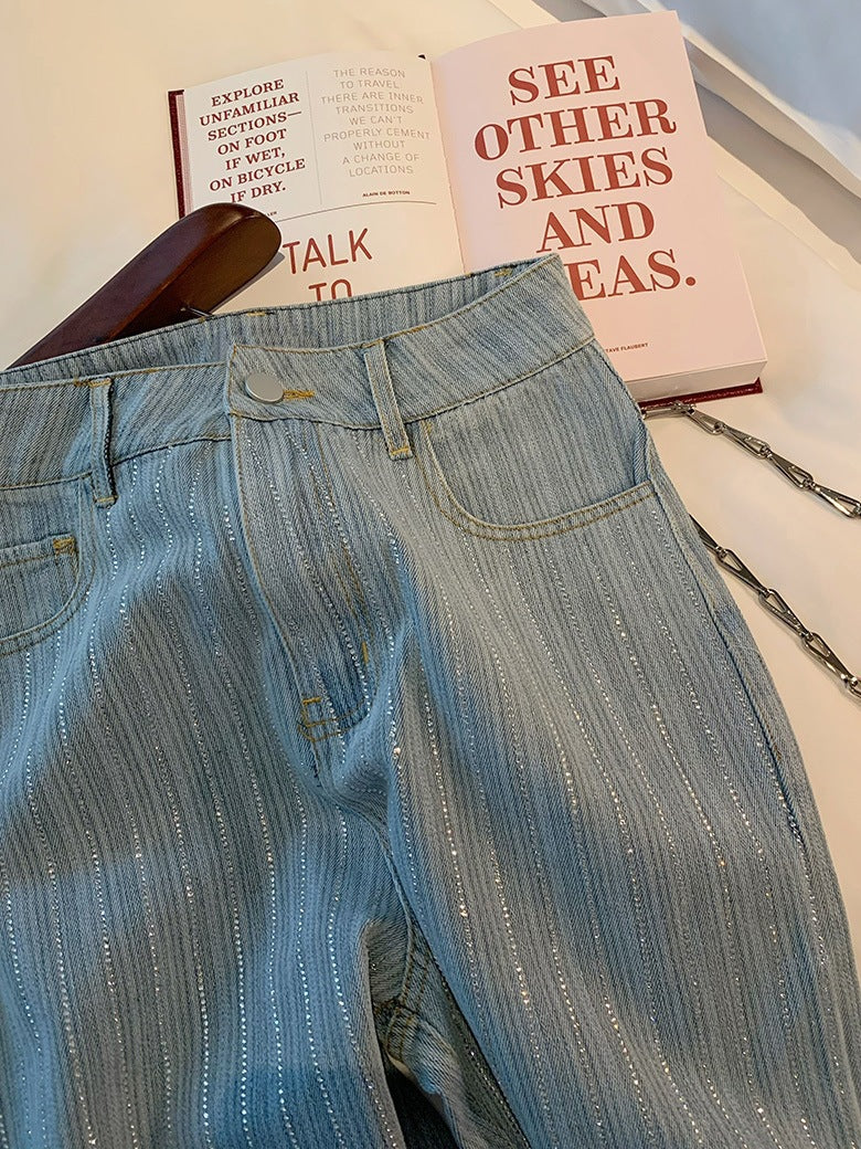 Light Blue Classic Style Rhinestone Straight Jeans