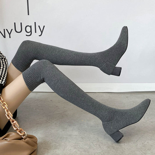 Fashion Women's Thick Heel Stretch Socks And Boots