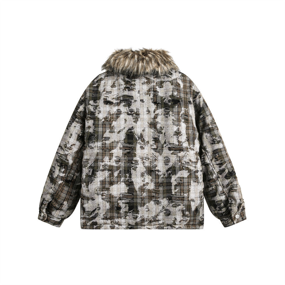 Faux Fur Collar Cotton-padded Coat Men's Tie-dyed Distressed Coat