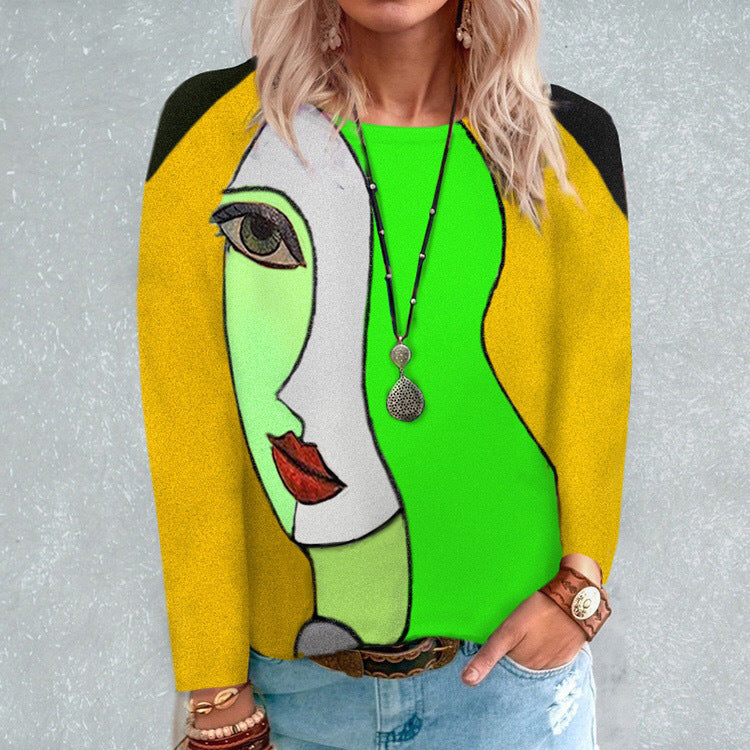 Fashion Loose Round Neck Face Print Long Sleeve Women's T-Shirt
