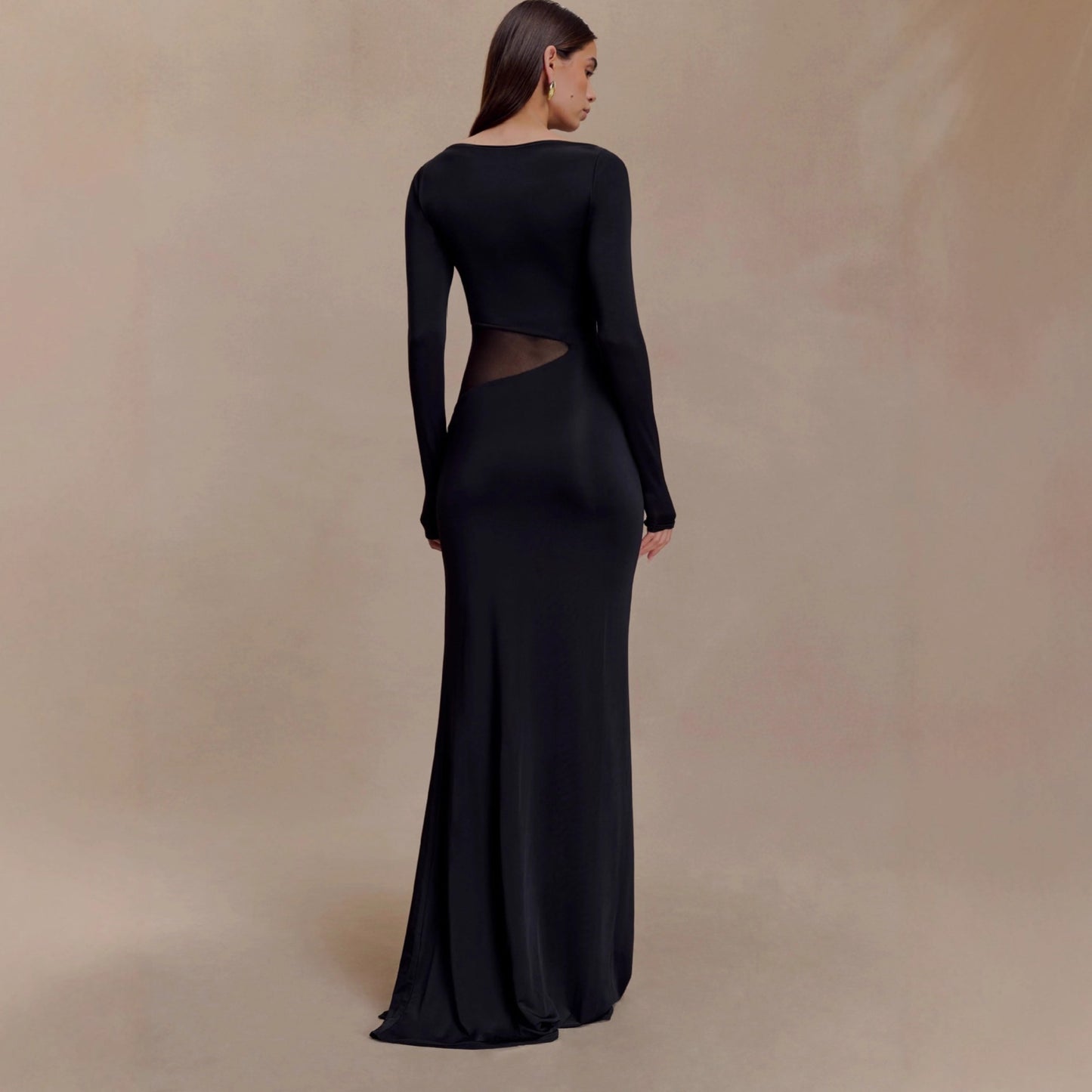 Womens Long Sleeve Off Shoulder Slit Maxi Dress With Hollow Out And Sheer Details