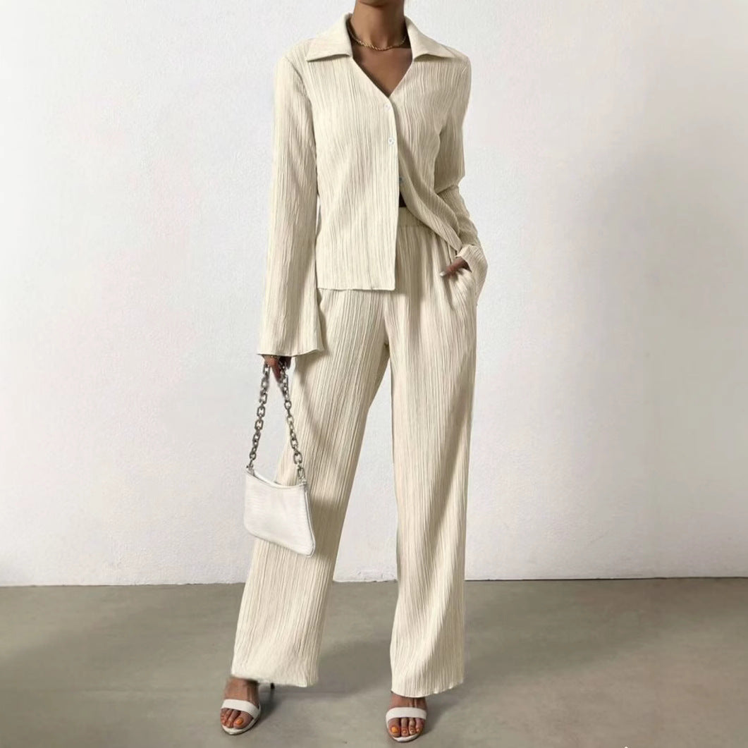 Solid-color Pleated Fashion Long-sleeve Shirt And Wide-leg Pants Casual Set