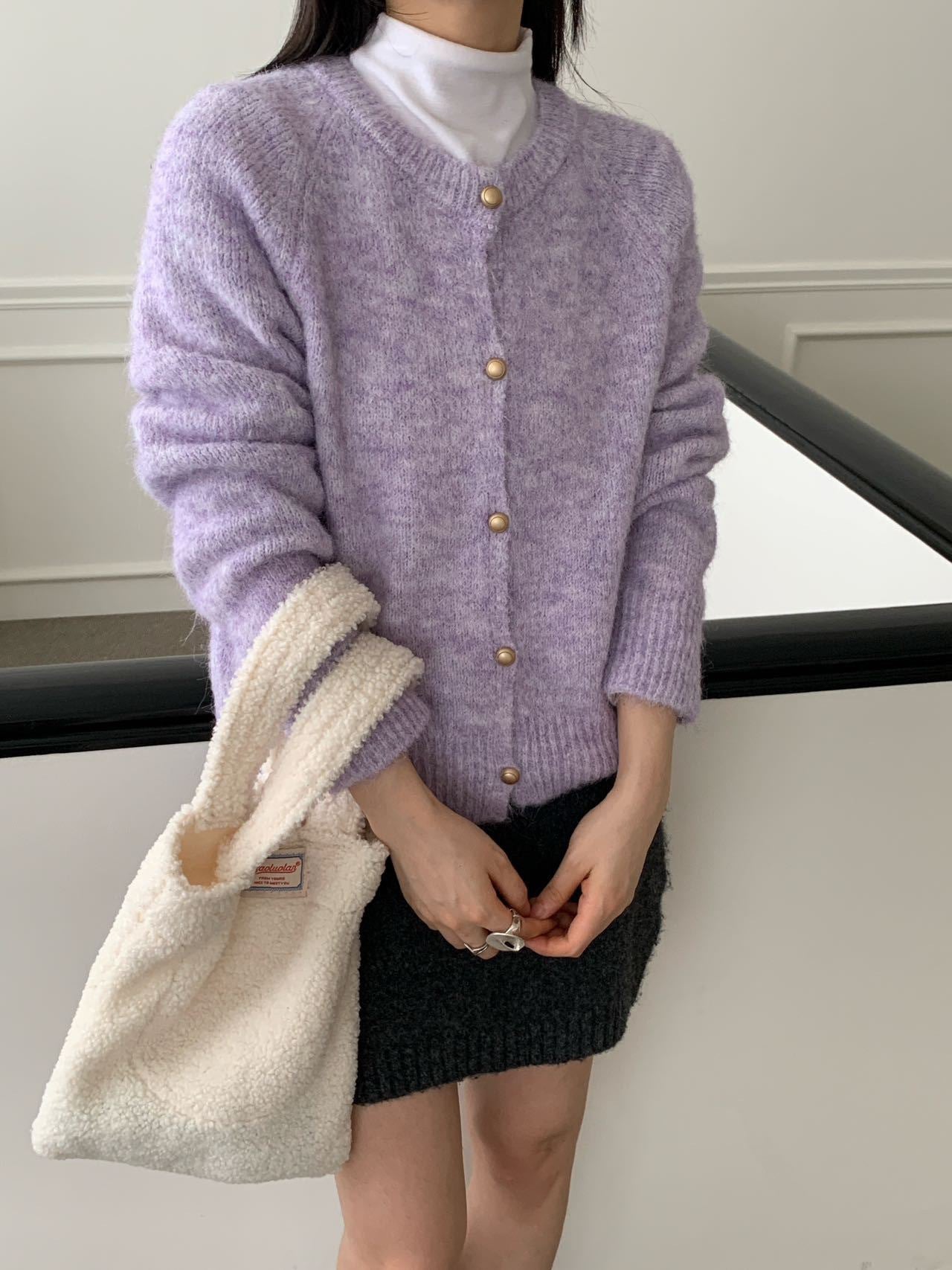 Metal Buckle Round Neck Knitted Cardigan Loose Casual