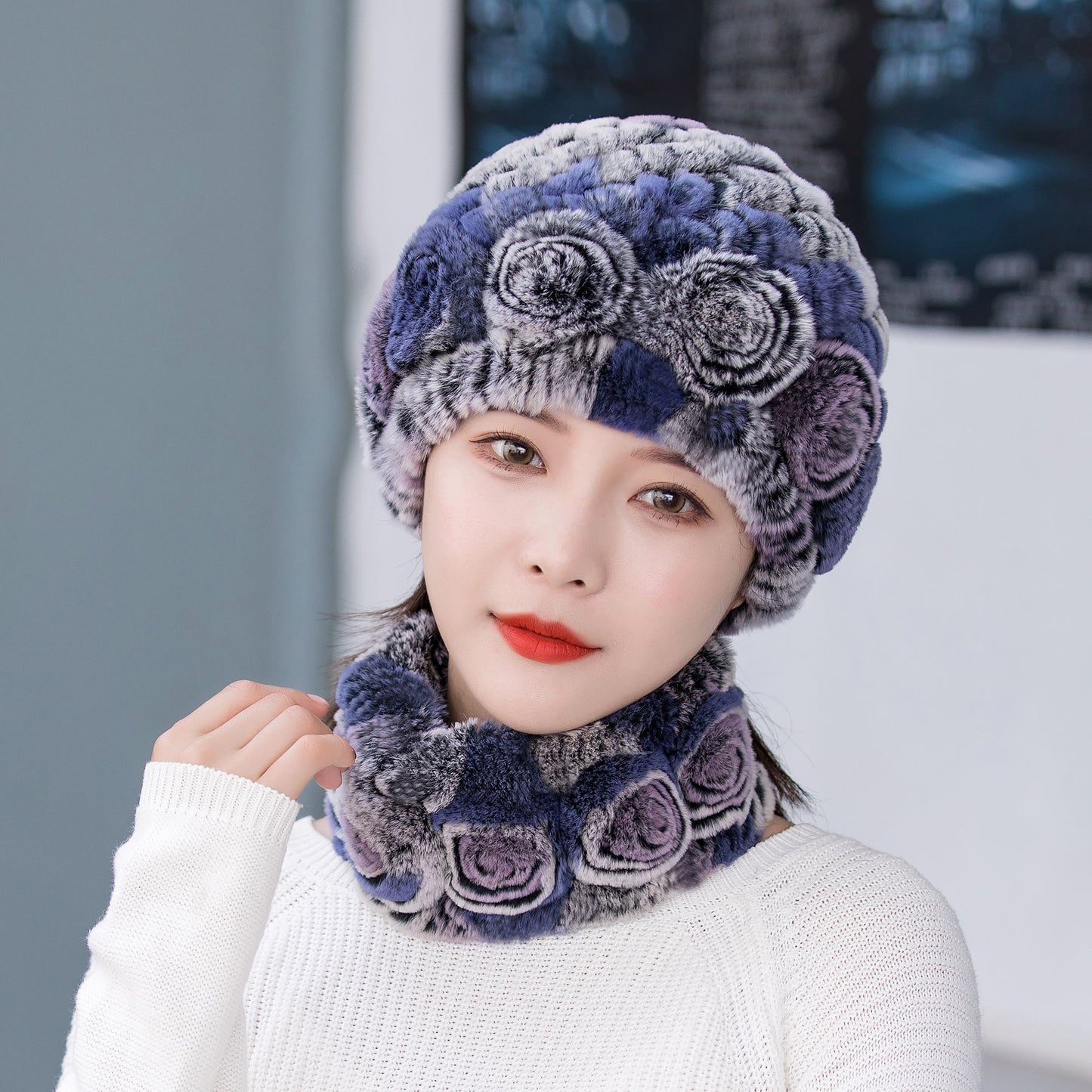 Winter Warm Rex Rabbit Fur Hat Scarf Suit