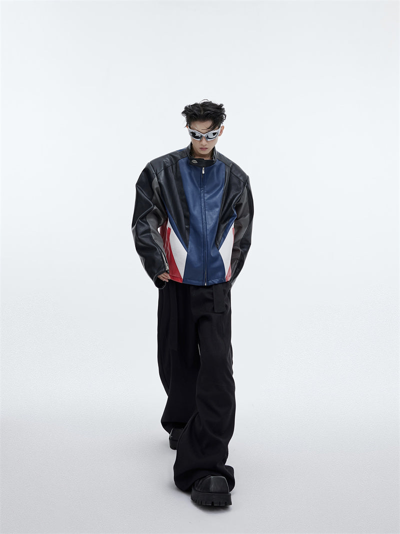 Men's Splicing Color Motorcycle Suit PU Leather