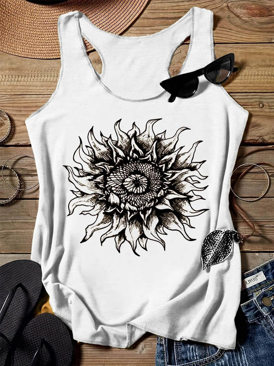 202 Casual Round Neck Narrow Edge Top Loose Sports Pattern Digital Printing Vest Women's Clothing