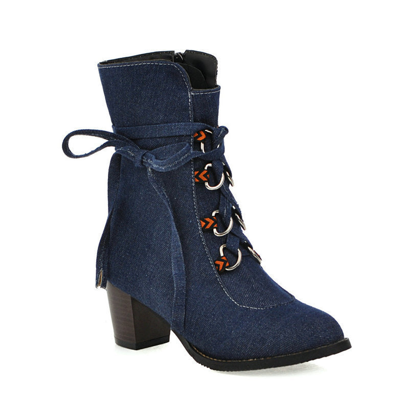 Womens Denim Winter Boots New Korean-Style Lace-Up Design