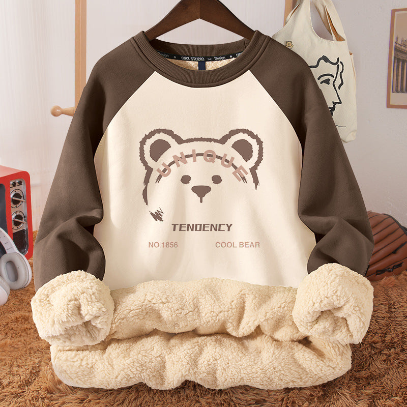 Women's Autumn And Winter Fleece-lined Thickened Hooded Berber Fleece Coat Contrast Color Raglan