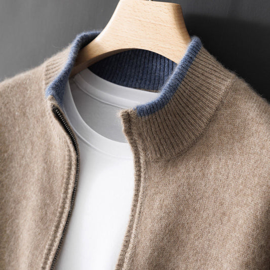 Modecardigan til mænd, med lynlås og opretstående krave, farvekontrasterende, tyk sweater