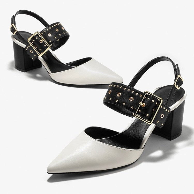 Thick-heeled Sandals With One-word Buckle Back Empty Willow Studs, Pointed Toe And Shallow Mid-heel Shoes